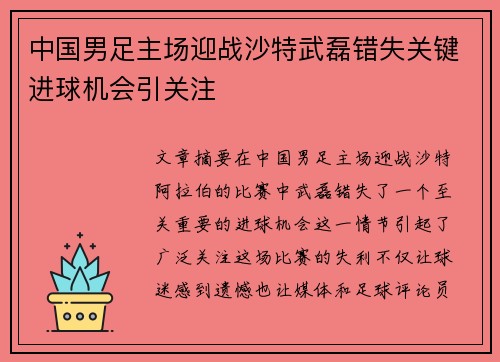 中国男足主场迎战沙特武磊错失关键进球机会引关注