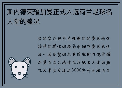 斯内德荣耀加冕正式入选荷兰足球名人堂的盛况 斯内德荣耀加冕正式入选荷兰足球名人堂的盛况